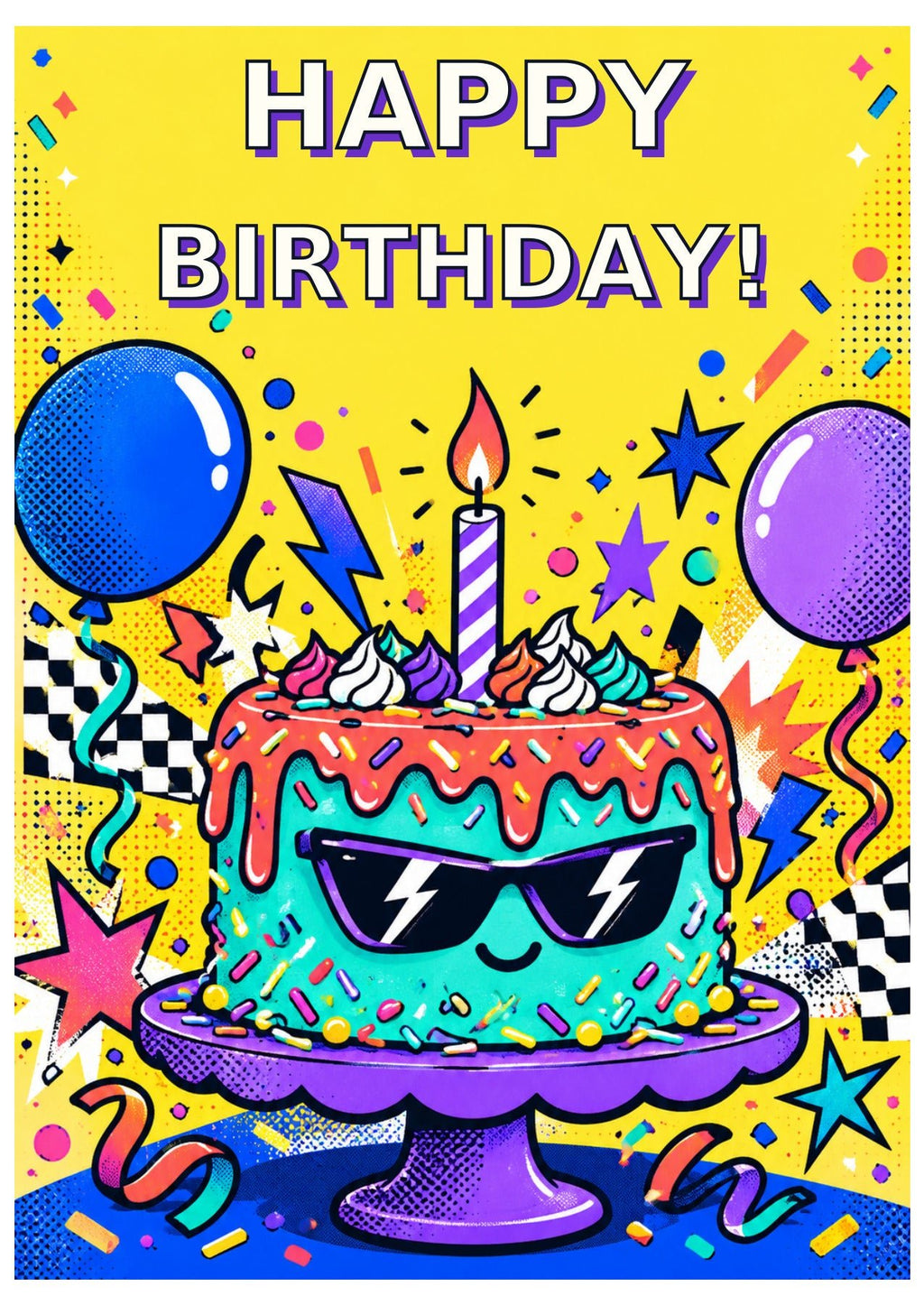 Pop art birthday card with Happy Birthday lettering.