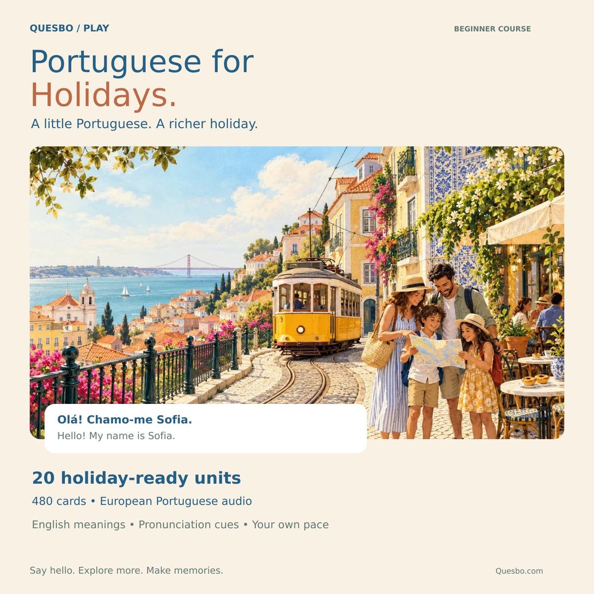 Portuguese for Holidays beginner course cover with a family beside a yellow Lisbon tram, a bilingual greeting and 20-unit, 480-card benefits.