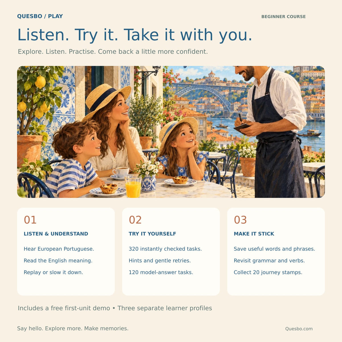 Portuguese for Holidays beginner practice guide with a family at a Porto café and three steps: listen and understand, try it yourself, and make it stick.
