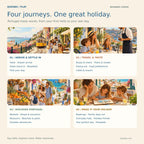 Four illustrated Portuguese holiday learning journeys covering arrivals, travel, food, shopping, sightseeing and family activities.