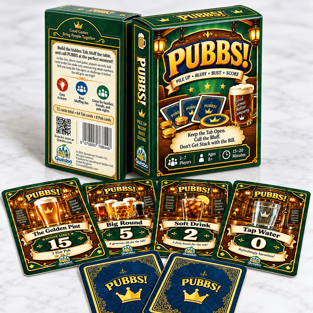 PUBBS™ – Bluffing Card Game | Family & Pub Game | Ages 8+ - Quesbo