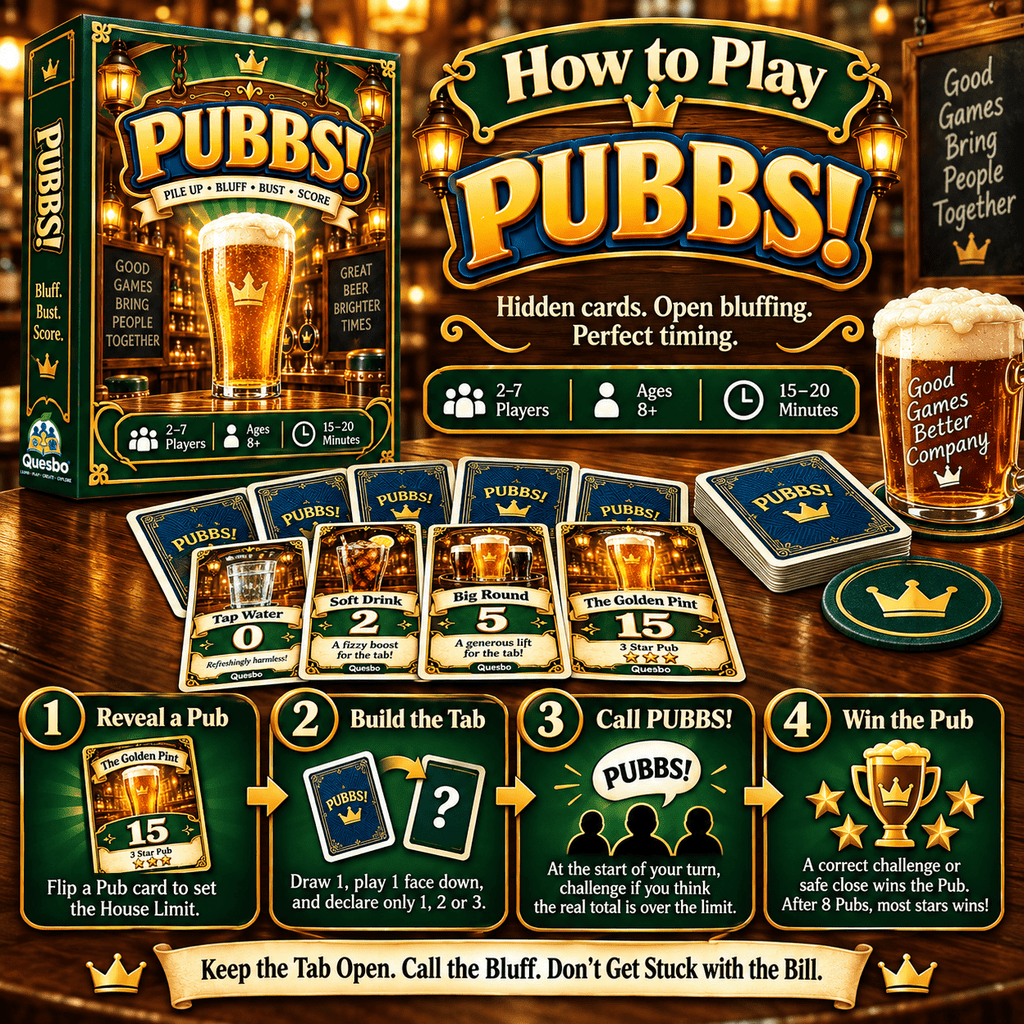 PUBBS™ – Bluffing Card Game | Family & Pub Game | Ages 8+ - Quesbo