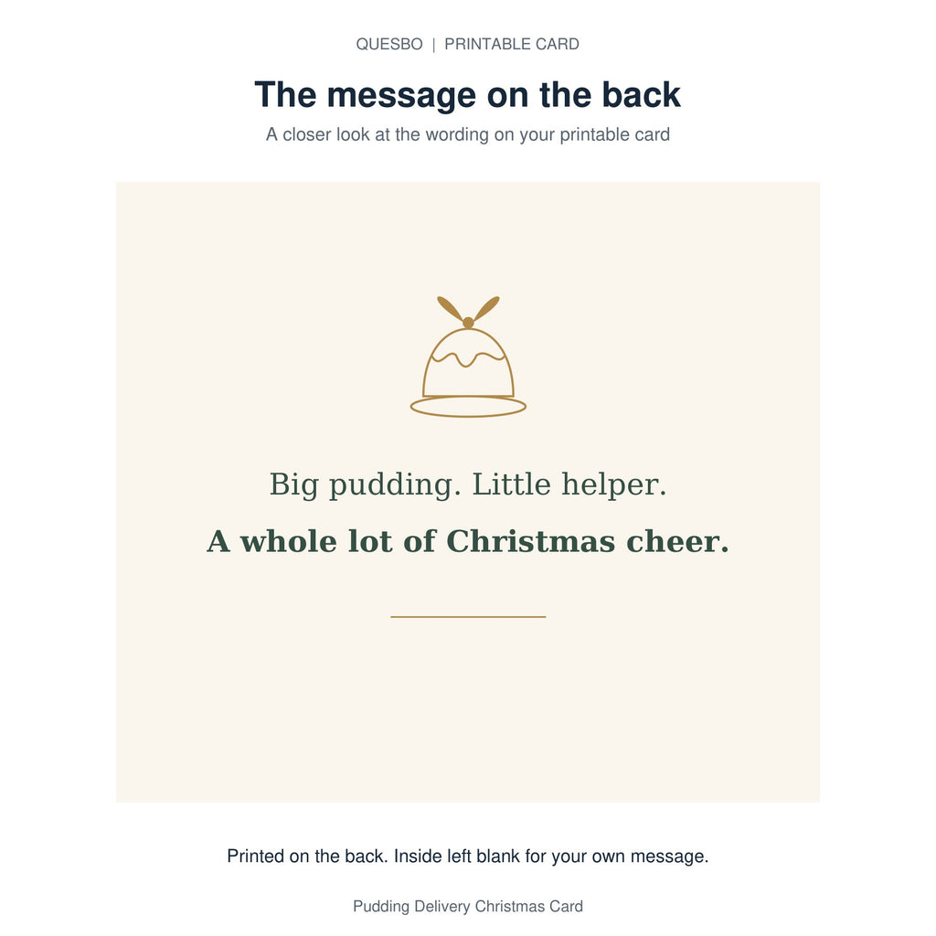 Printed message on the back of the PDF card: Big pudding. Little helper. A whole lot of Christmas cheer. The inside is blank for your own handwritten message.