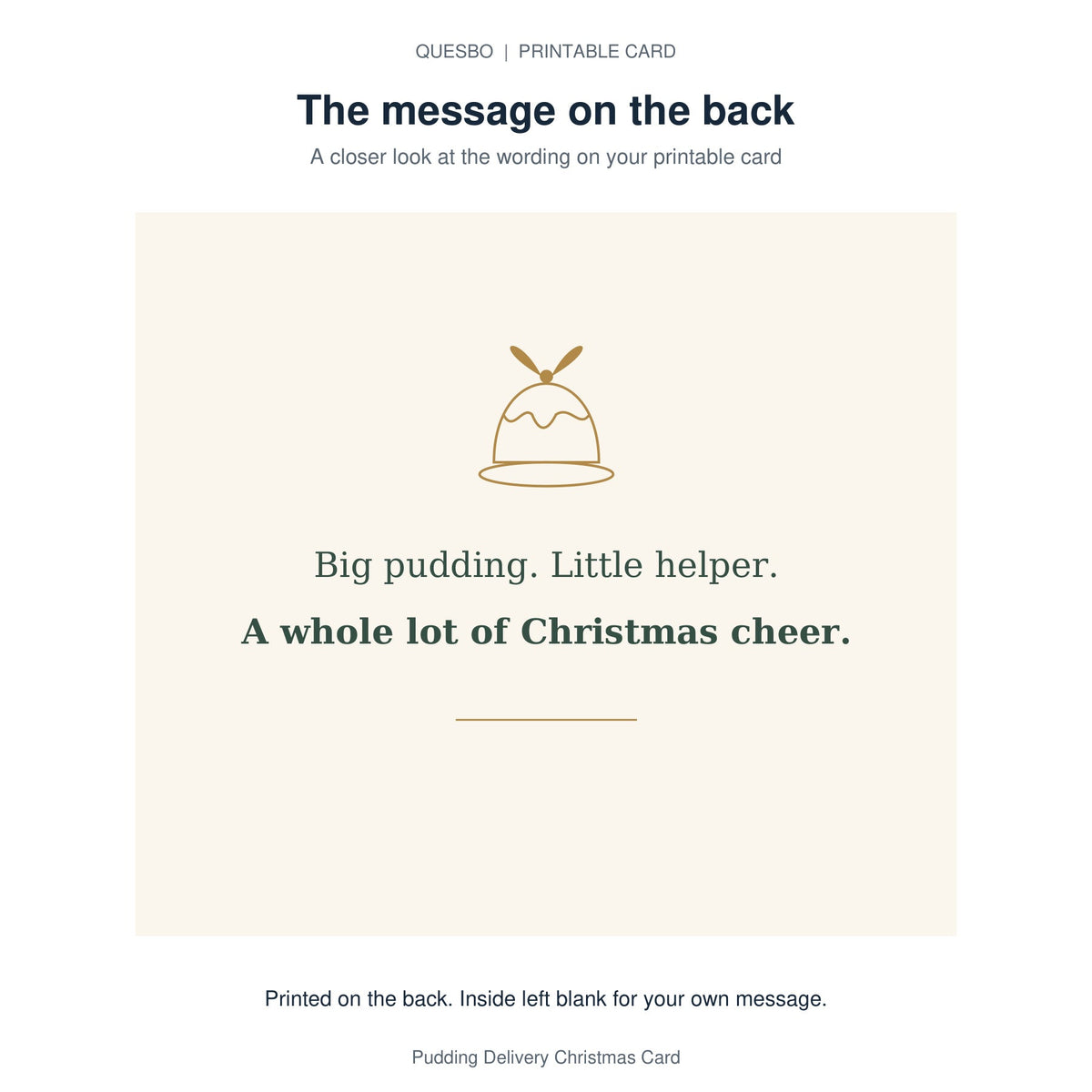 Printed message on the back of the PDF card: Big pudding. Little helper. A whole lot of Christmas cheer. The inside is blank for your own handwritten message.