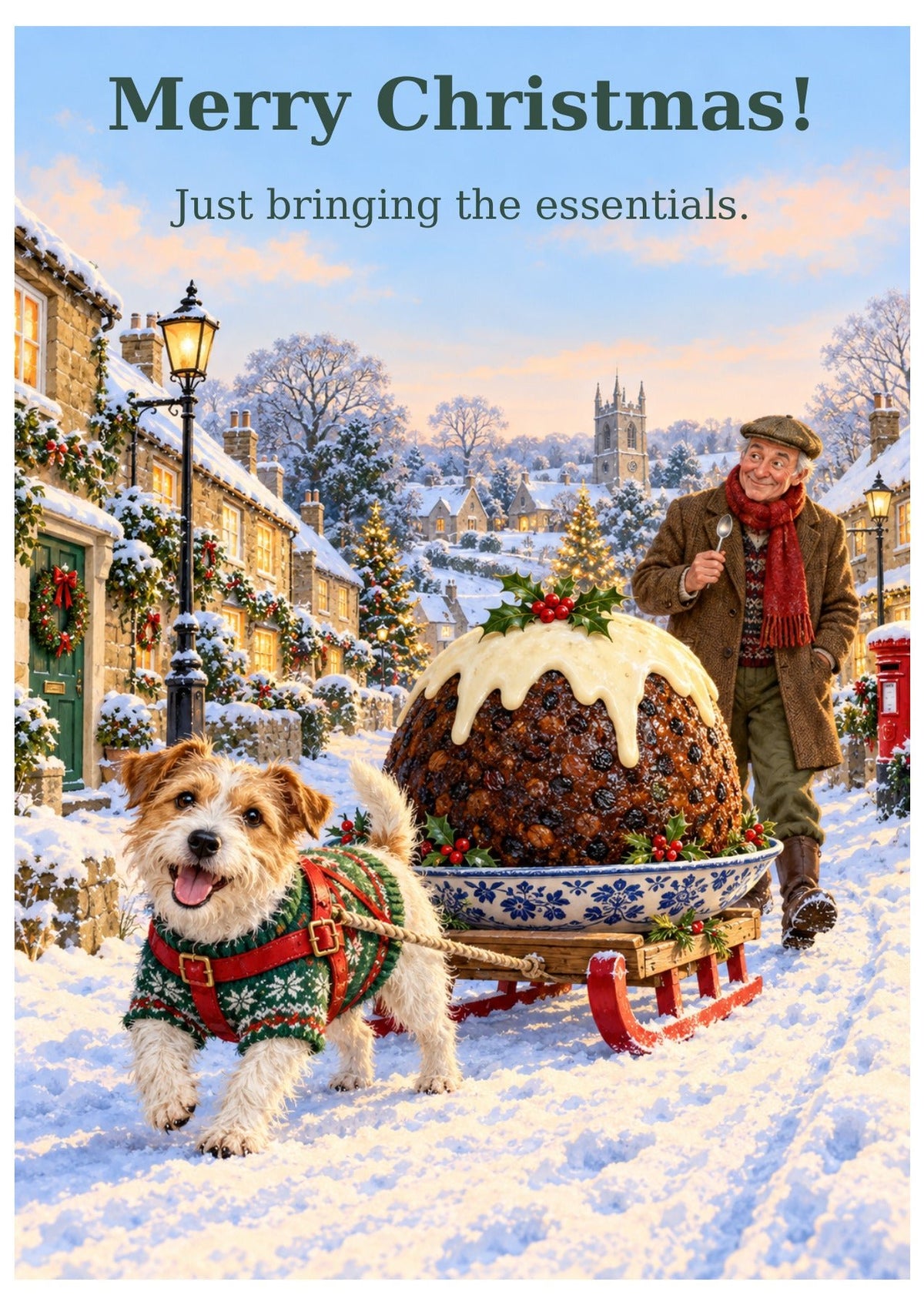 Christmas pudding delivery card with “Merry Christmas!” and “Just bringing the essentials.”
