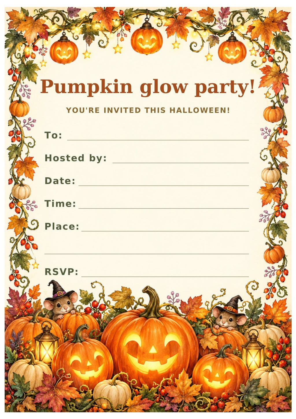 Pumpkin Glow Party invitation framed by autumn leaves, pumpkin lights and smiling pumpkins.