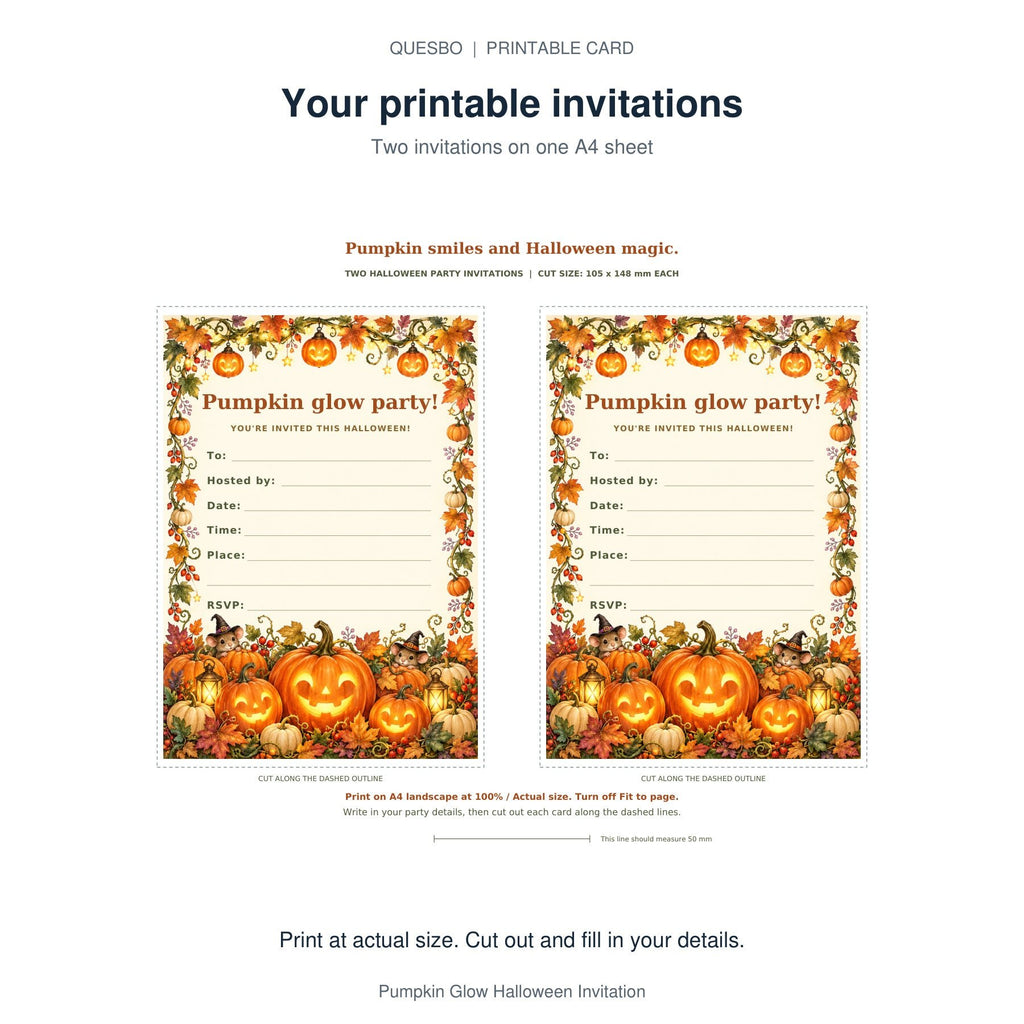 PDF print layout for Pumpkin Glow Halloween Invitation, showing two invitations and the wording and blank event-detail fields.