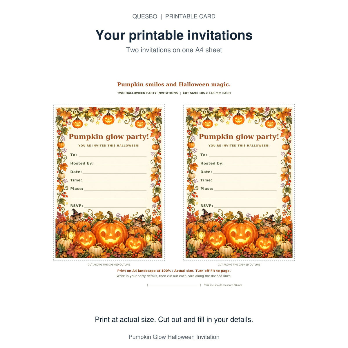 PDF print layout for Pumpkin Glow Halloween Invitation, showing two invitations and the wording and blank event-detail fields.