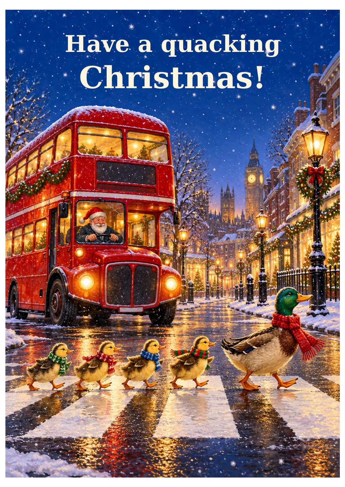 British duck themed Christmas card with “Have a quacking Christmas!”