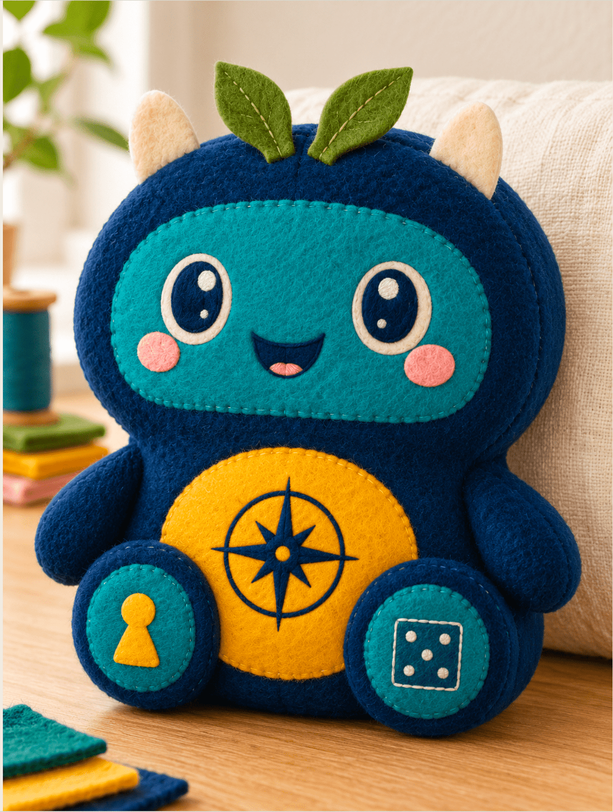 Quesbie craft guide example showing a handmade blue character with a yellow compass tummy, seated beside craft materials.