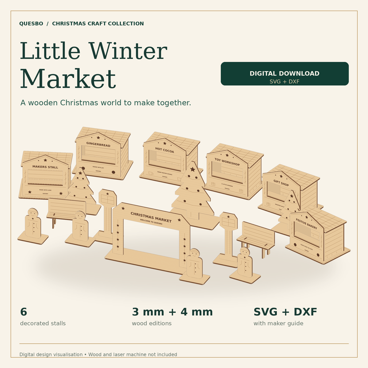Digital design preview of the complete Little Winter Market wooden scene with six stalls, an arch, trees, benches, lanterns and villagers.