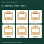 Actual template artwork for the six Little Winter Market stall fronts: gingerbread, cocoa, toys, gifts, bakery and crafts.