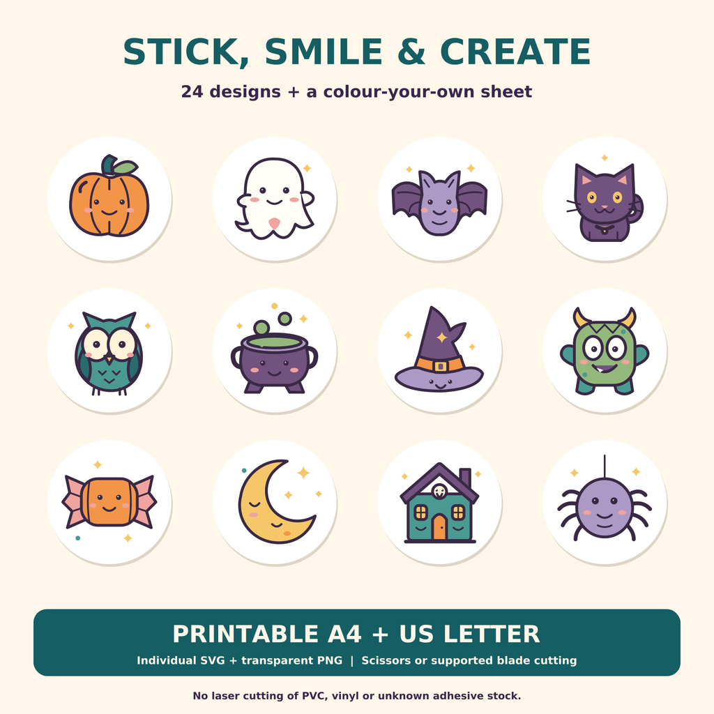 Twelve friendly Halloween characters from the Little Boo Crew sticker collection