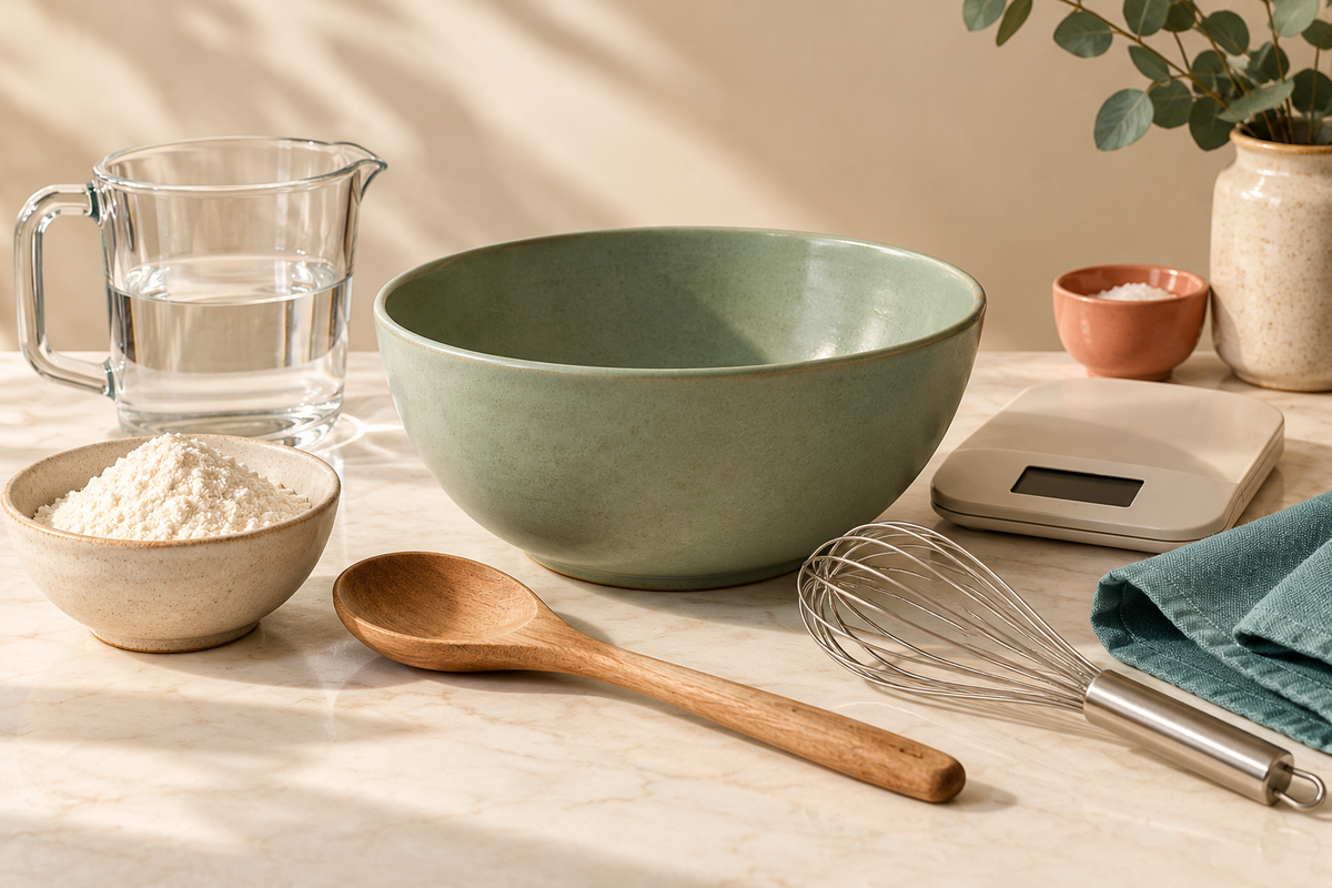 Illustrated kitchen tools for learning cooking techniques: a mixing bowl, scales, jug, whisk and wooden spoon.