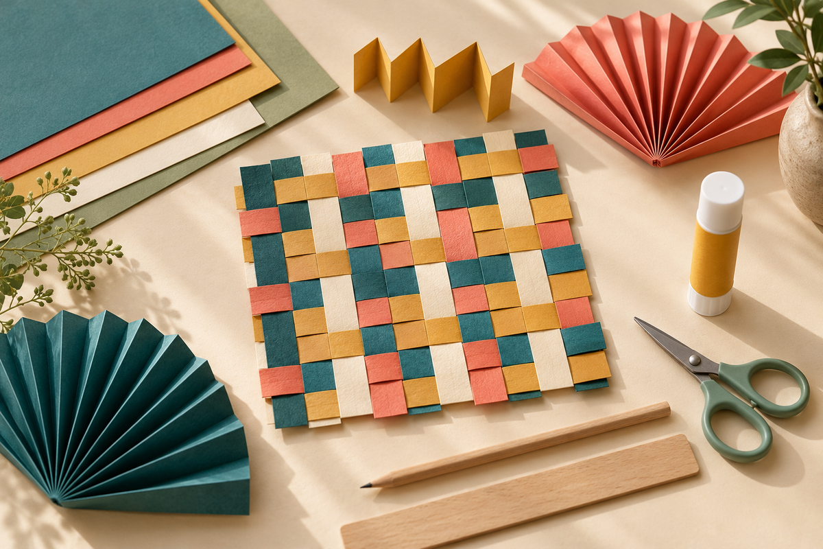 Colourful folded and woven paper with simple craft materials in teal, coral, cream and mustard.