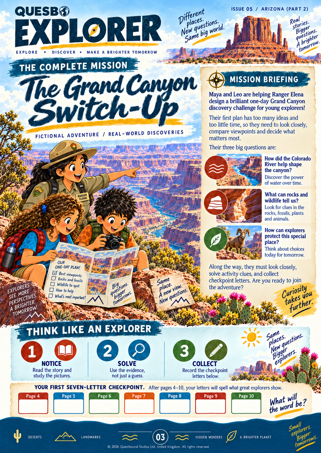 Quesbo Explorer Issue 05: Arizona Part 2 – The Grand Canyon Switch-Up 55 pages | Kids Adventure Magazine Ages 8–11 - Quesbo