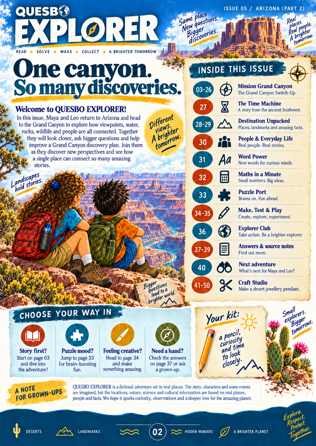 Quesbo Explorer Issue 05: Arizona Part 2 – The Grand Canyon Switch-Up 55 pages | Kids Adventure Magazine Ages 8–11 - Quesbo