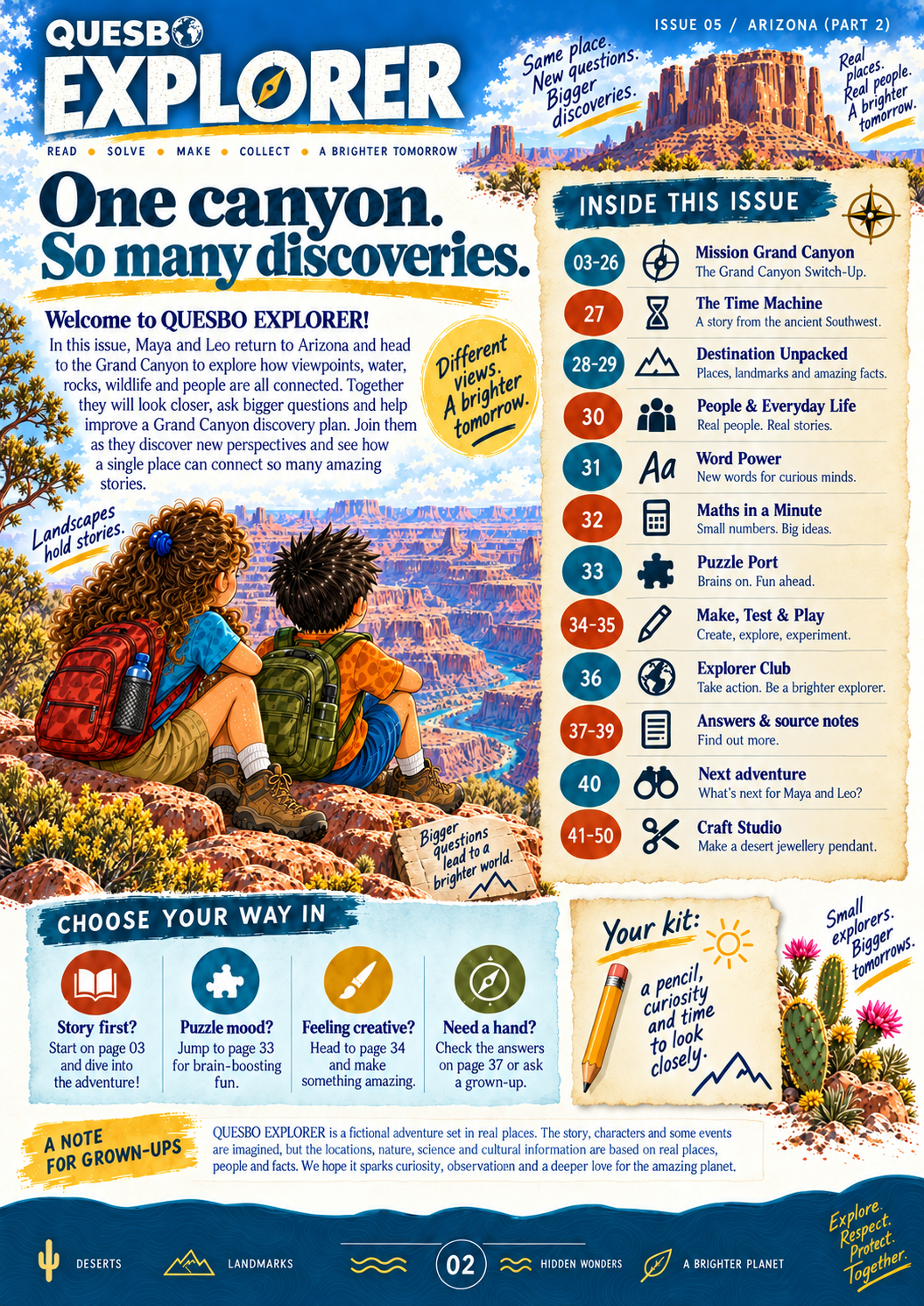 Quesbo Explorer Issue 05: Arizona Part 2 – The Grand Canyon Switch-Up 55 pages | Kids Adventure Magazine Ages 8–11 - Quesbo