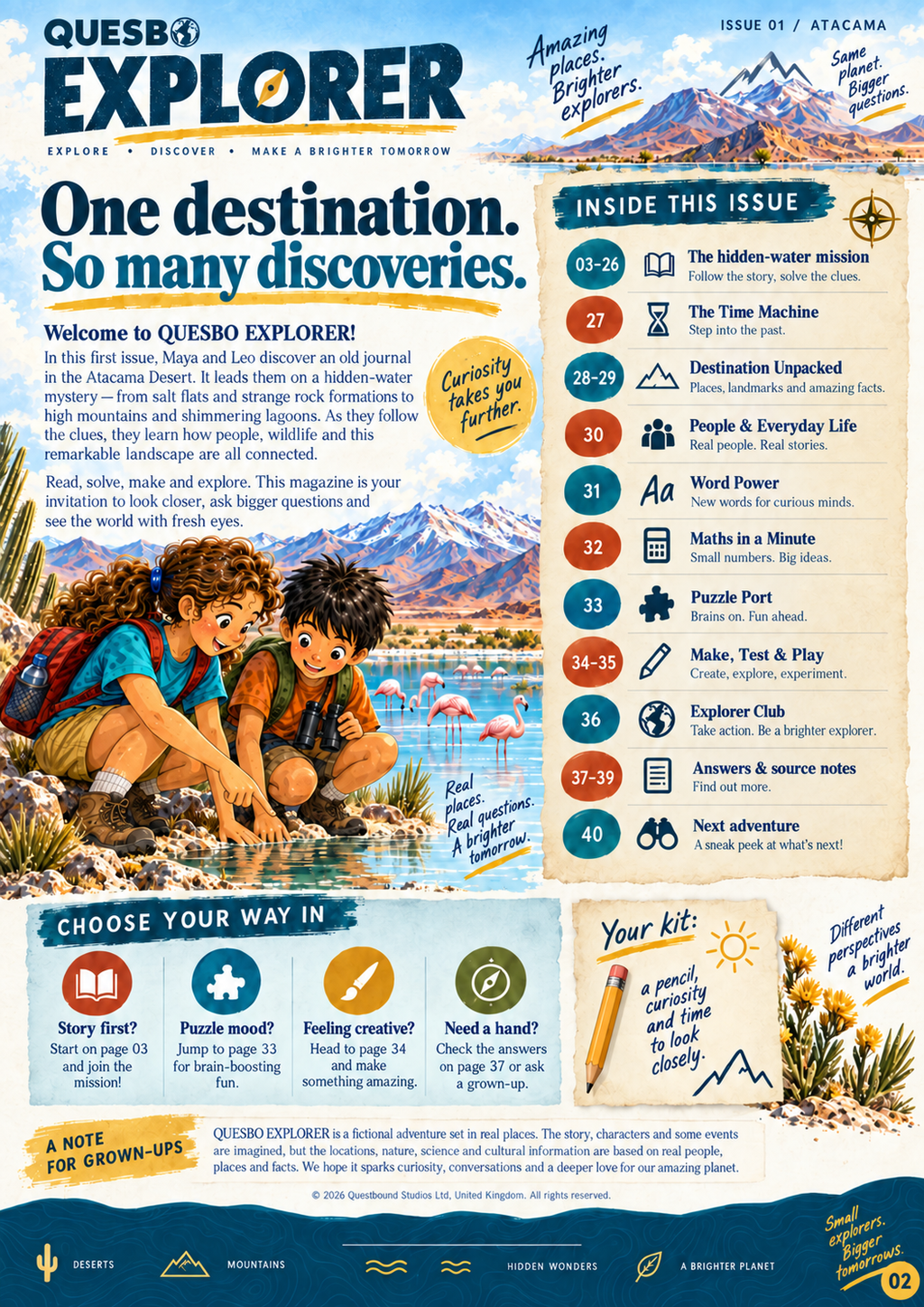 Quesbo Explorer Magazine: Issue 1 - Atacama (Chile) 40 pages | Kids Adventure Magazine Ages 8–11 - Quesbo