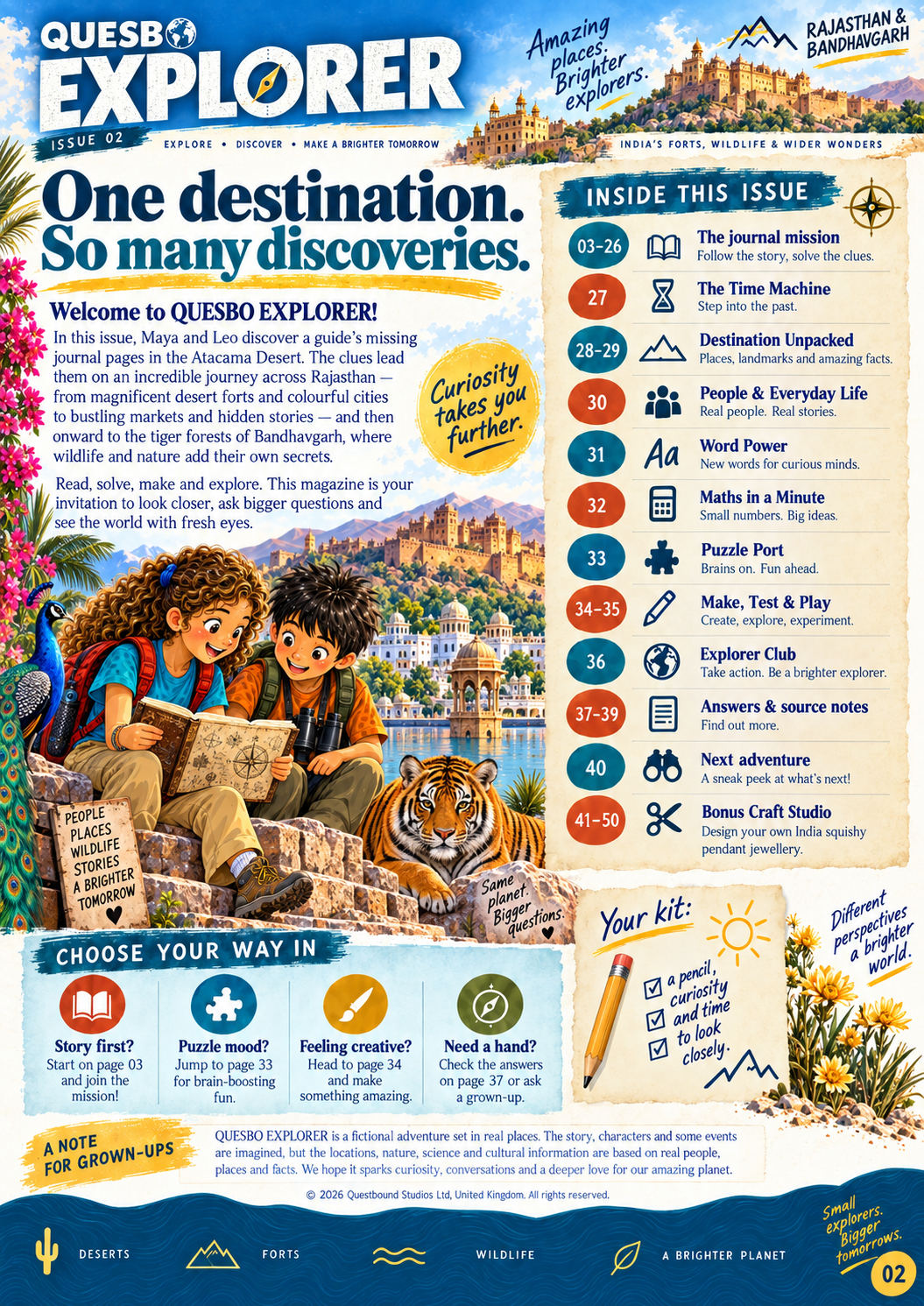 Quesbo Explorer Magazine: Issue 2 - India (Rajasthan & Bandhavgarh) 50 pages | Kids Adventure Magazine Ages 8–11 - Quesbo
