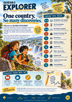 Quesbo Explorer Zimbabwe welcome and contents page with explorer artwork, issue topics and activity choices.
