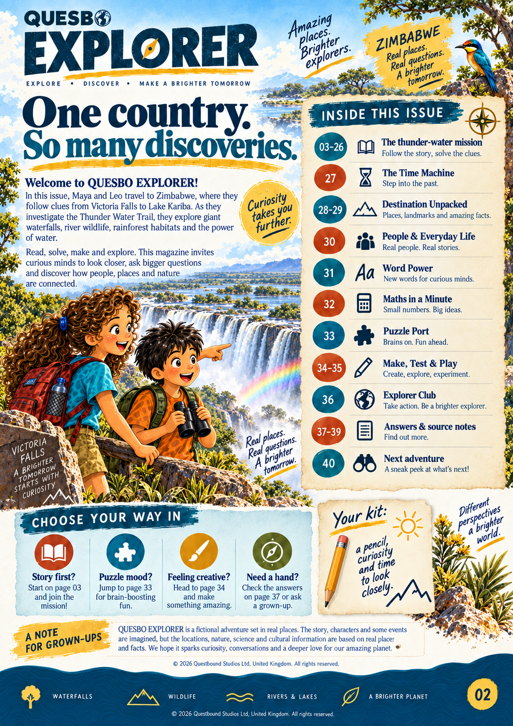 Quesbo Explorer Magazine: Issue 3 - Zimbabwe (40 pages) | Kids Adventure Magazine Ages 8–11 - Quesbo