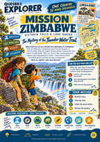 Quesbo Explorer Mission Zimbabwe page with Victoria Falls artwork, a mystery briefing, mission steps and a badge tracker.