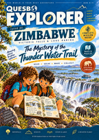 Quesbo Explorer Zimbabwe cover featuring young explorers, Victoria Falls and 'The Mystery of the Thunder Water Trail'.