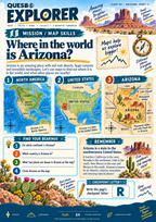 Quesbo Explorer Arizona geography page with North America, United States and Arizona maps, questions and a checkpoint letter.