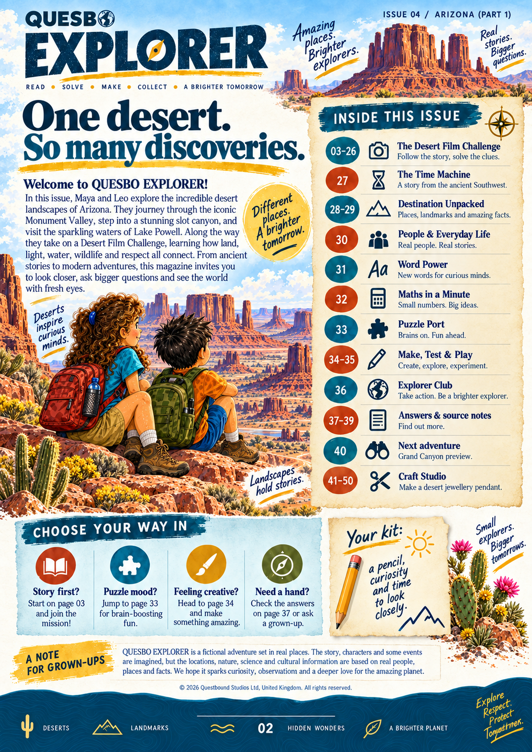 Quesbo Explorer Magazine: Issue 4 - Arizona (Part 1) 50 Pages | Kids Adventure Magazine Ages 8–11 - Quesbo