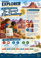 Quesbo Explorer Arizona mission page for The Desert Film Challenge, with a briefing, explorer artwork and letter checkpoints.