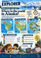 Quesbo Explorer Alaska geography page with North America, United States and Alaska maps, facts and location questions.