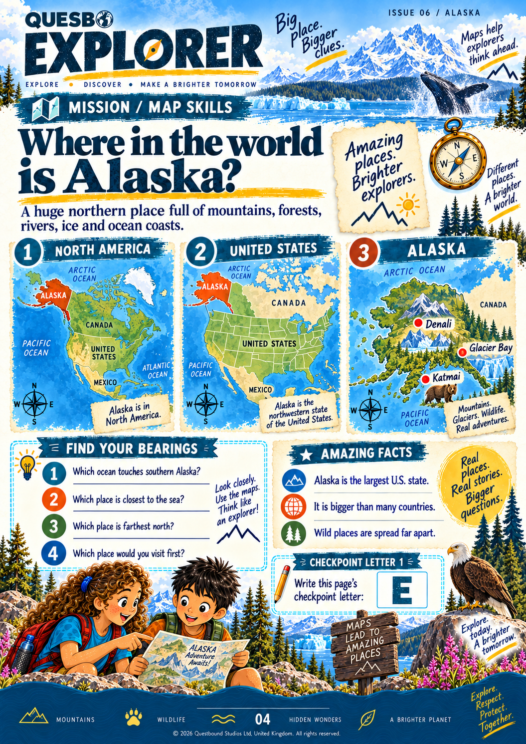 Quesbo Explorer Magazine: Issue 6 - Alaska, The Wild North Challenge 65 pages | Kids Adventure Magazine Ages 8–11 - Quesbo