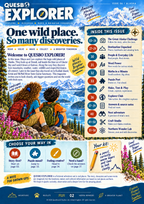 Quesbo Explorer Alaska welcome and contents page with mountain artwork, issue topics and activity route choices.