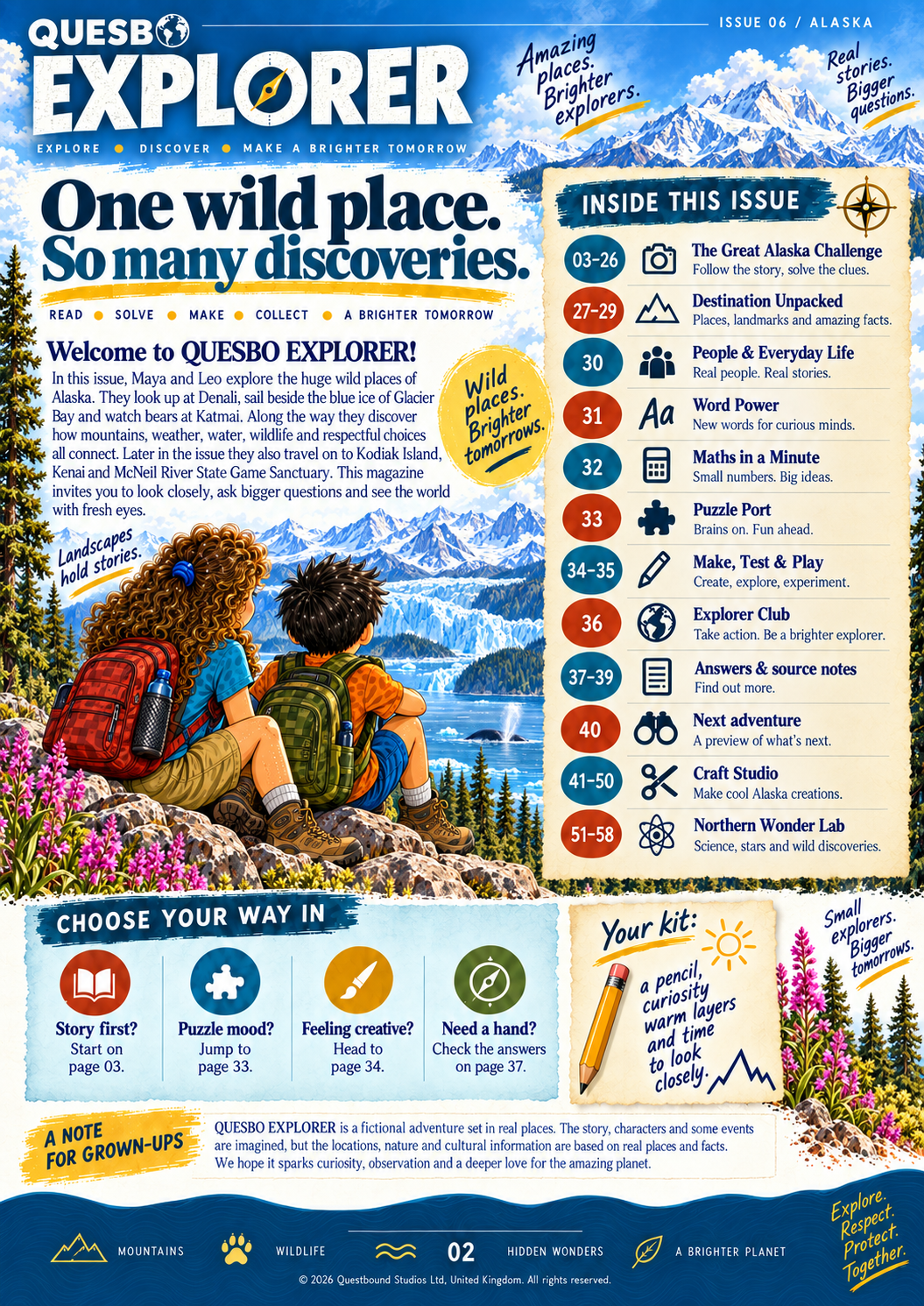 Quesbo Explorer Magazine: Issue 6 - Alaska, The Wild North Challenge 65 pages | Kids Adventure Magazine Ages 8–11 - Quesbo