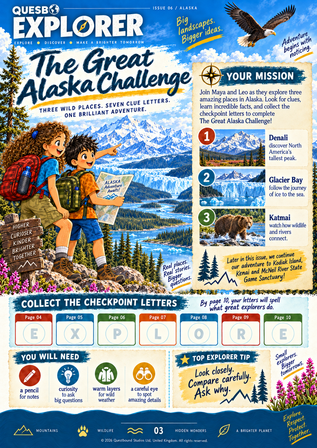 Quesbo Explorer Magazine: Issue 6 - Alaska, The Wild North Challenge 65 pages | Kids Adventure Magazine Ages 8–11 - Quesbo