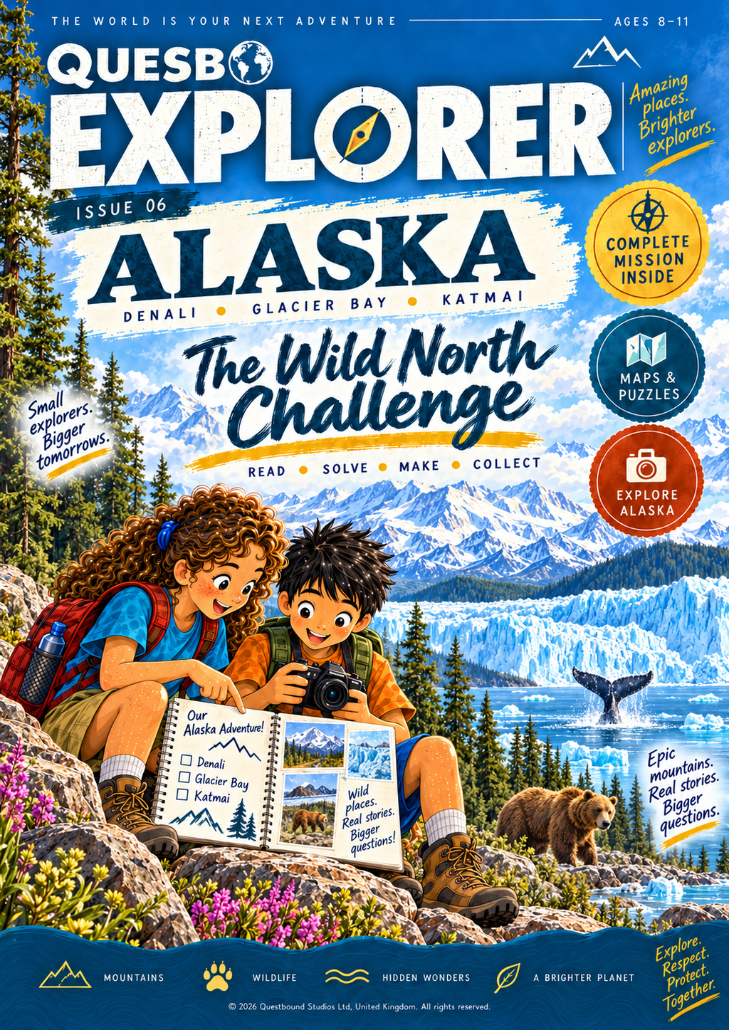 Quesbo Explorer Magazine: Issue 6 - Alaska, The Wild North Challenge 65 pages | Kids Adventure Magazine Ages 8–11 - Quesbo