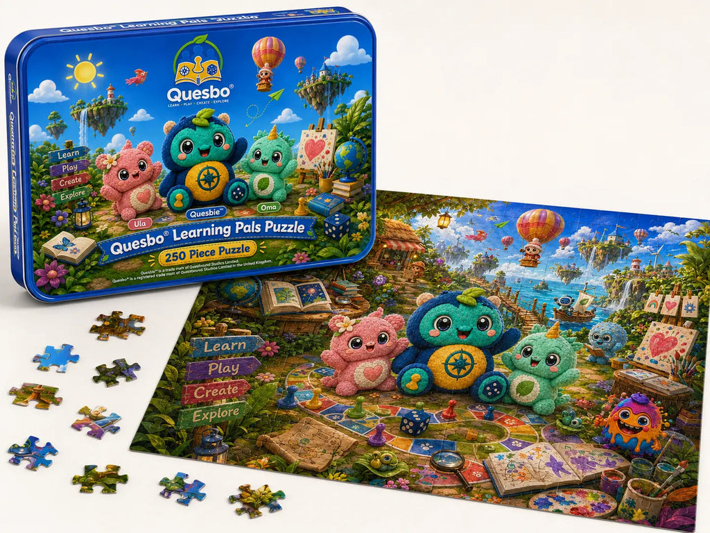 Quesbo® Learning Pals Adventure — 250-Piece Puzzle in Illustrated Tin Quesbo