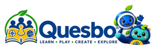 Quesbo — Learn, Play, Create, Explore — with Robot and Quesbie mascots.