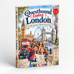 Questbound Explore London front cover with a family and illustrated London landmarks including Big Ben and Tower Bridge.