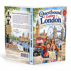 Questbound Explore London front and back covers with family artwork, London landmarks and a riverside scene.