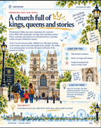 Questbound Explore London Westminster Abbey page, 'A church full of kings, queens and stories', with observation prompts.