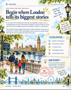 Questbound Explore London chapter opening with a family beside the Thames and an illustrated guide to Westminster landmarks.
