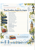 Questbound Explore London contents page, 'Your London, chapter by chapter', framed by illustrated landmarks and books.