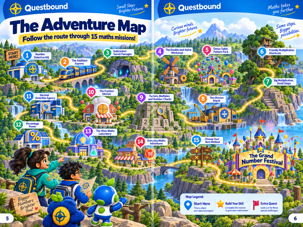 Questbound Fast Maths Adventure – Illustrated Maths Activity Book for Ages 8–12 - Quesbo