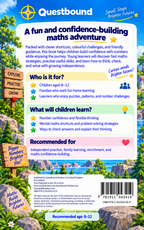 Questbound Fast Maths Adventure back cover with reader guidance, learning topics and colourful explorer illustrations.