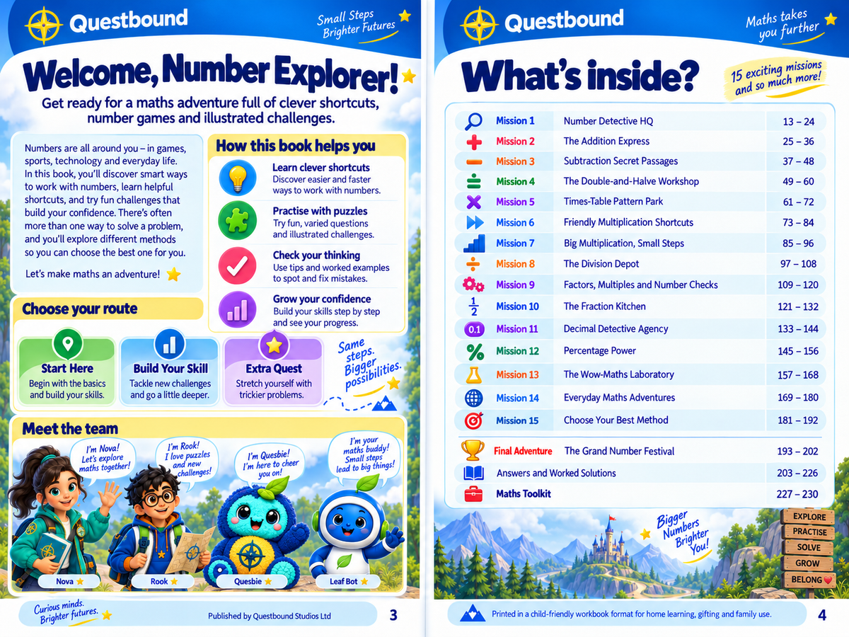 Questbound Fast Maths Adventure – Illustrated Maths Activity Book for Ages 8–12 - Quesbo
