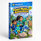 Questbound Fast Maths Adventure cover featuring two young explorers, Quesbie and a robot in a colourful landscape.