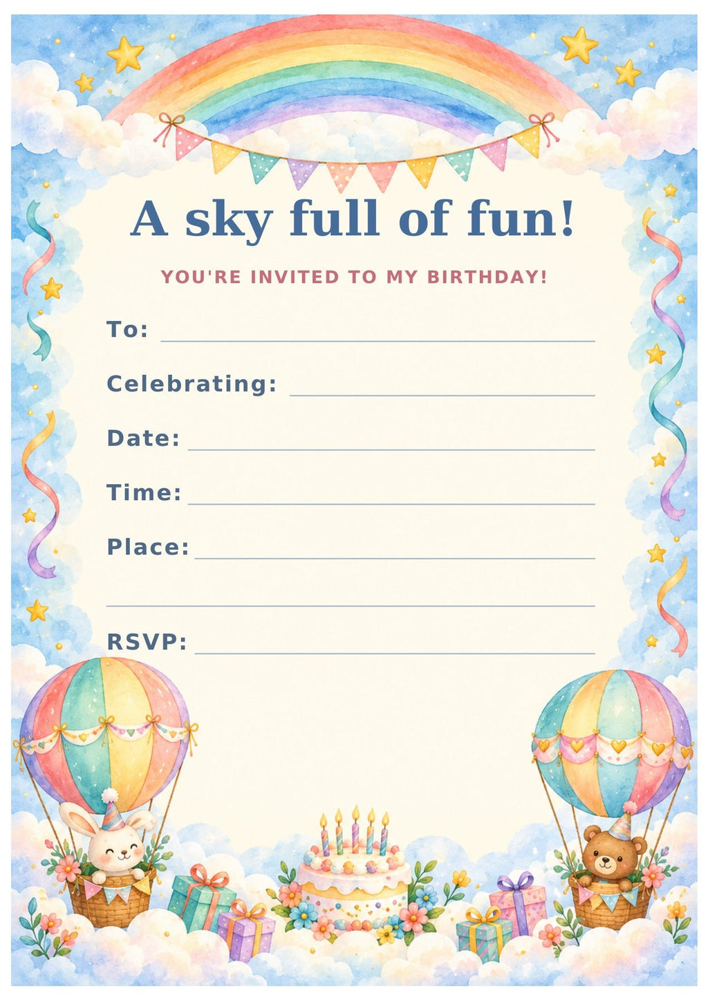 Birthday invitation with a rainbow, pastel hot air balloons and birthday cake, headed A sky full of fun!