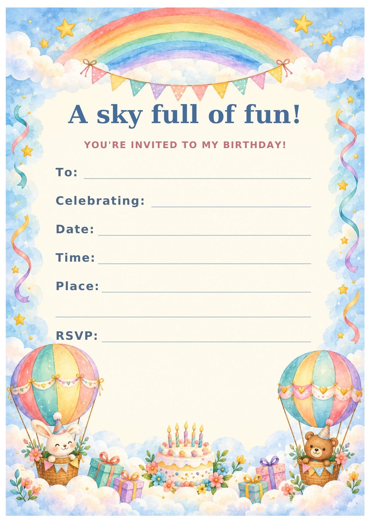 Birthday invitation with a rainbow, pastel hot air balloons and birthday cake, headed A sky full of fun!